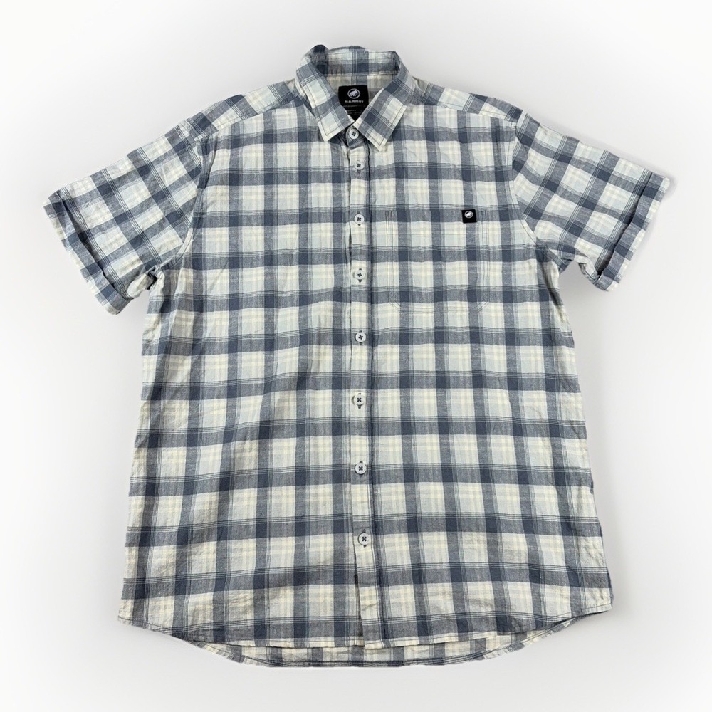 Mammut Button Down Shirt Mens L Blue Plaid Short Sleeve Outdoor Hiking